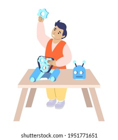 Robotics school for children. Smart boy student making robot, flat vector illustration. Kids robotics engineering.