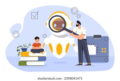 Robotics school concept. Modern technologies and innovations. Man with magnifying glass near chat bot. Father and kid with bot. Cartoon flat vector illustration isolated on white background