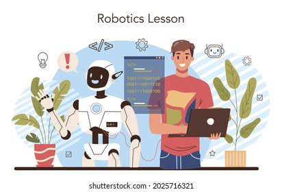 Robotics school course concept. Robotic engineering and constructing lesson for students. Idea of artificial intelligence and futuristic technology. Flat vector illustration