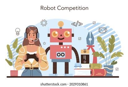 Robotics school course concept. Robotic competition. Engineering and constructing lesson for students. Idea of artificial intelligence and futuristic technology. Flat vector illustration