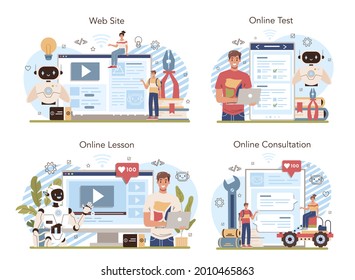 Robotics school course online service or platform set. Robotic engineering and constructing lesson for students. Online lesson, test, consultation, website. Flat vector illustration