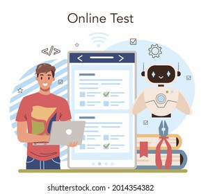 Robotics School Course Online Service Or Platform. Robotic Engineering And Constructing Lesson For Students. Online Test. Flat Vector Illustration