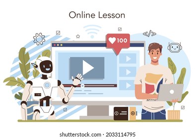 Robotics school course online service or platform. Robotic engineering and constructing lesson for students. Online lesson. Flat vector illustration