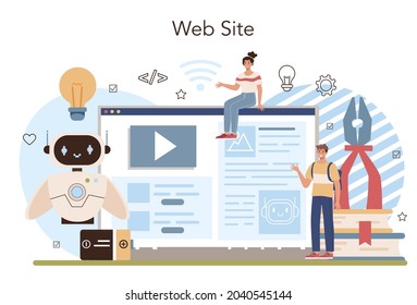 Robotics school course online service or platform. Robotic engineering and constructing lesson for students. Website. Flat vector illustration