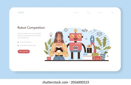 Robotics school course web banner or landing page. Robotic competition. Engineering and constructing lesson for students. Artificial intelligence and futuristic technology. Flat vector illustration