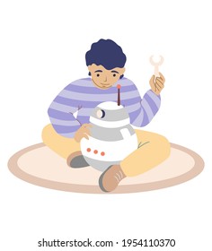 Robotics school. Cute boy, future engineer building robot, flat vector illustration. Kids robotics engineering.
