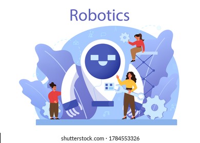 Robotics school subject concept. Robot engineering and programming. Idea of artificial intelligence and futuristic technology. Isolated vector illustration