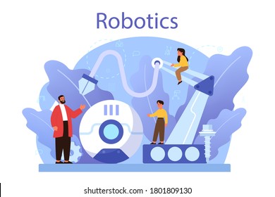Robotics school subject concept. Robot engineering and programming. Idea of artificial intelligence and futuristic technology. Isolated vector illustration