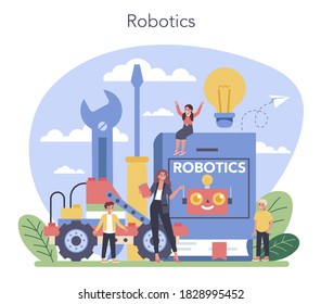 Robotics school subject concept. Robot engineering and programming. Idea of artificial intelligence and futuristic technology. Isolated vector illustration