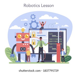 Konzept der Robotik-Schule Robotertechnik und -programmierung. Idee künstlicher Intelligenz und futuristischer Technologie. Einzelne Vektorgrafik