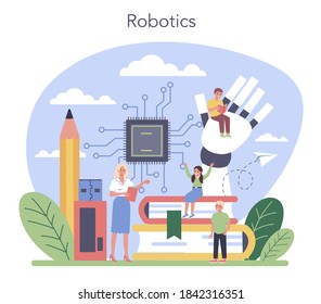 Robotics school subject concept. Robot engineering and programming. Idea of artificial intelligence and futuristic technology. Isolated vector illustration