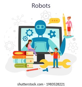 Robotics school subject concept. Robot engineering and programming. Idea of artificial intelligence and futuristic technology. Isolated vector illustration