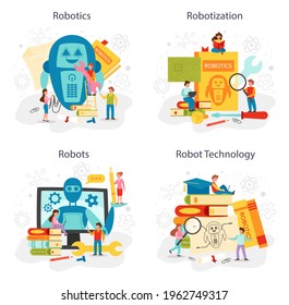 Robotics school subject concept set. Robot engineering and programming