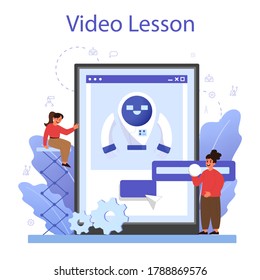 Robotics school subject online service or platform. Robot engineering and programming. Video lesson. Isolated vector illustration