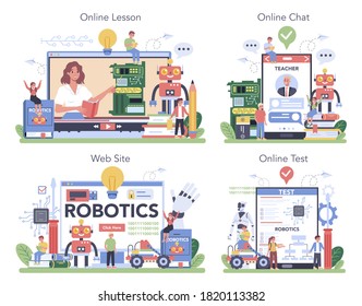 Robotics school subject online service or platform set. Robot engineering and programming. Idea of artificial intelligence. Online lesson, chat with professor, website, test. Vector illustration