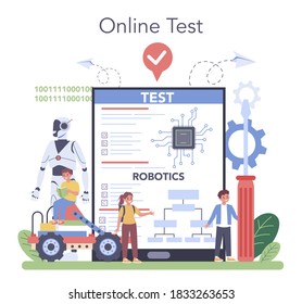 Robotics school subject online service or platform. Robot engineering and programming. Idea of artificial intelligence. Online test. Vector illustration