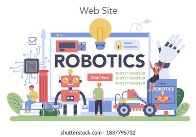 Robotics school subject online service or platform. Robot engineering and programming. Idea of artificial intelligence. Website. Vector illustration