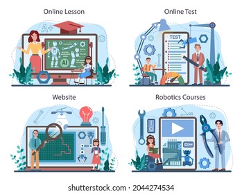 Robotics school subject online service or platform set. Students learning robot components construction, engineering and programming. Online lesson, test, course, website. Flat vector illustration
