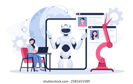 Robotics school subject online. Woman with laptop near robot on tablet screen. Modern technologies and innovations. Artificial Intelligence and Process Automation. Flat vector illustration