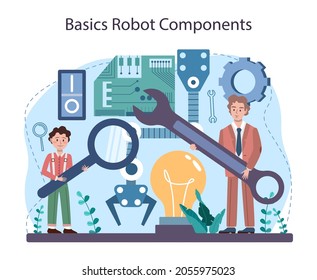 Robotics school subject. Students learning robot components construction, engineering and programming. Idea of artificial intelligence and futuristic technology. Flat vector illustration