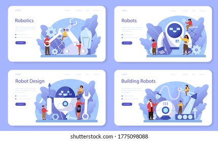 Robotics school subject web banner or landing page set. Robot engineering and programming. Idea of artificial intelligence and futuristic technology. Isolated vector illustration