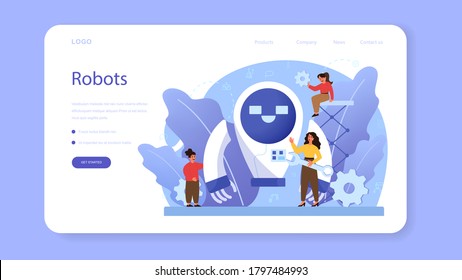 Robotics school subject web banner or landing page. Robot engineering and programming. Idea of artificial intelligence and futuristic technology. Isolated vector illustration