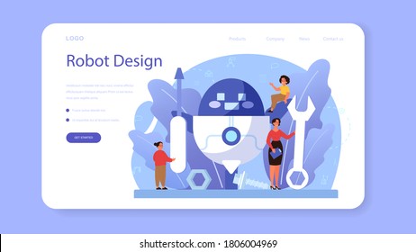Robotics school subject web banner or landing page. Robot engineering and programming. Idea of artificial intelligence and futuristic technology. Isolated vector illustration