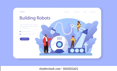 Robotics school subject web banner or landing page. Robot engineering and programming. Idea of artificial intelligence and futuristic technology. Isolated vector illustration