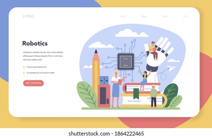 Robotics school subject web banner or landing page. Robot engineering and programming. Idea of artificial intelligence and futuristic technology. Isolated vector illustration