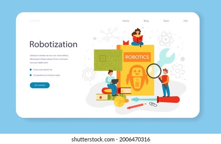 Robotics school subject web banner or landing page. Robot engineering and programming. Idea of artificial intelligence and futuristic technology. Isolated vector illustration