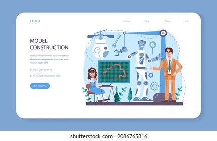 Robotics school subject web banner or landing page. Students learning robot components construction, engineering and programming. Idea of artificial intelligence. Flat vector illustration