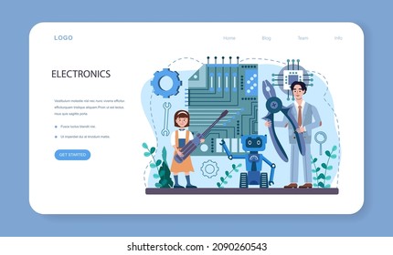 Robotics school subject web banner or landing page. Students learning robot components construction, engineering and programming. Idea of artificial intelligence. Flat vector illustration