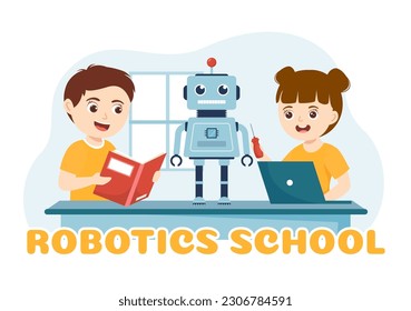 Robotics School Vector Illustration with Kids Robotic Project to Programming and Engineering Robot in Flat Cartoon Hand Drawn Landing Page Templates