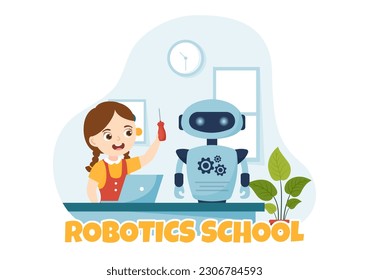 Robotics School Vector Illustration with Kids Robotic Project to Programming and Engineering Robot in Flat Cartoon Hand Drawn Landing Page Templates