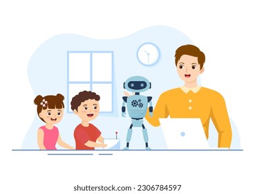 Vektor Illustration der Robotik-Schule mit Kids Robotic Project zur Programmierung und Ingenieurroboter in flachen Cartoon Hand gezeichnete Landing Page-Vorlagen