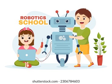 Robotics School Vector Illustration with Kids Robotic Project to Programming and Engineering Robot in Flat Cartoon Hand Drawn Landing Page Templates