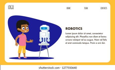 Robotics Science Club. Kid Workshop Flat Landing. Artificial Intelligence Technology. Afro American Cartoon Boy Character with Robot. Vector Illustration Banner. Child Engineering Tech Program.