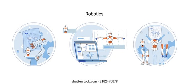 Robotics scientific and technical, metaphor production and application of robots. Programmable mechanical device building robot in lab. Robotic arm industrial smart manufacture. Cyber-physical systems