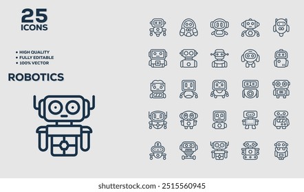 Robotics set of 50 outline icons related to Product Management. Linear icon collection. Editable stroke. Vector illustration