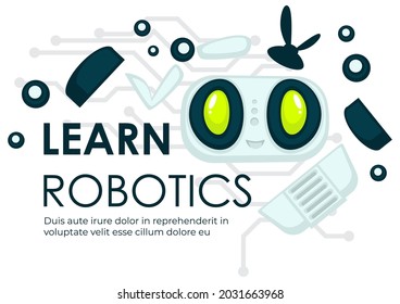 Robotics sphere, scientific field of knowledge, learn discipline. Engineering and manufacturing, modeling of androids and robots, cyber and virtual space automation. Vector in flat style illustration