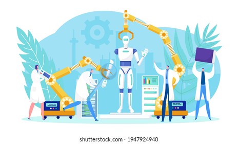 Diseño de tecnología de robótica por el equipo de personas, concepto de ilustración vectorial. Innovación moderna y plana en ciencia aérea, negocios robóticos futuros.