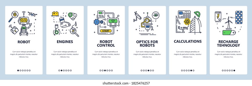 Robotics technology. Engines, optics for robot, robotic vehicle drone intelligent machines. Mobile app screens. Vector banner template for website and mobile development. Web site design illustration.