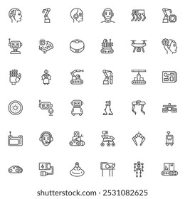 Robotics technology line icons set. linear style symbols collection, outline signs pack. AI robot vector graphics. Set includes icons as artificial intelligence cyborg, humanoid assistant, brain chip