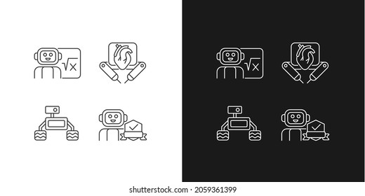 Robotics technology linear icons set for dark and light mode. Surgical robot. Robotic vehicle. Home safety. Customizable thin line symbols. Isolated vector outline illustrations. Editable stroke