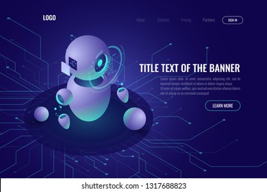 Robotics technology, machine education and artificial intelligence ai isometric icon, data processing, robotica concept, smart tech, ultraviolet vector web vector