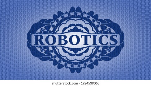 Robotik Text in blauem japanischem Muster realistisches Emblem. Geometrischer, anmutiger Hintergrund. Intensive Illustration. 
