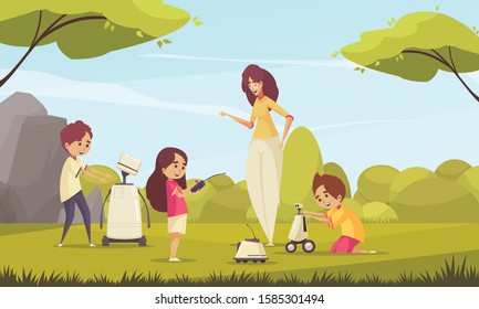 Robotics Toys For Kids Vector Illustration With Children Playing In Nature With Robots Under Supervision Of Adult Woman