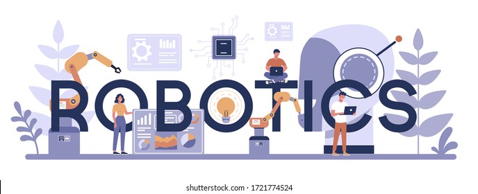 Robotics typographic header concept. Robot engineering and programming. Idea of artificial intelligence and futuristic technology. Machine automation. Isolated vector illustration in cartoon style