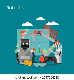 Robotics vector flat illustration. Robot, industrial robotic arm and hand, charts, graphs, joystick, dollar coins. Business process automation technology concept for web banner, website page etc.