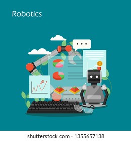 Robotics vector flat style design illustration. Robot, industrial robotic arm, keyboard, charts, graphs. Artificial intelligence, robotic technology, automation concepts for web banner, website page.